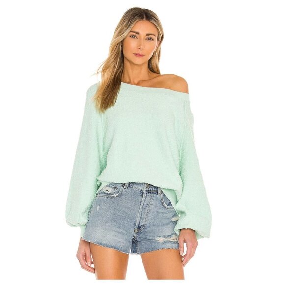 FREE PEOPLE Found My Friend Bouclé Pullover in Misty Jade Size Small - Picture 2 of 10
